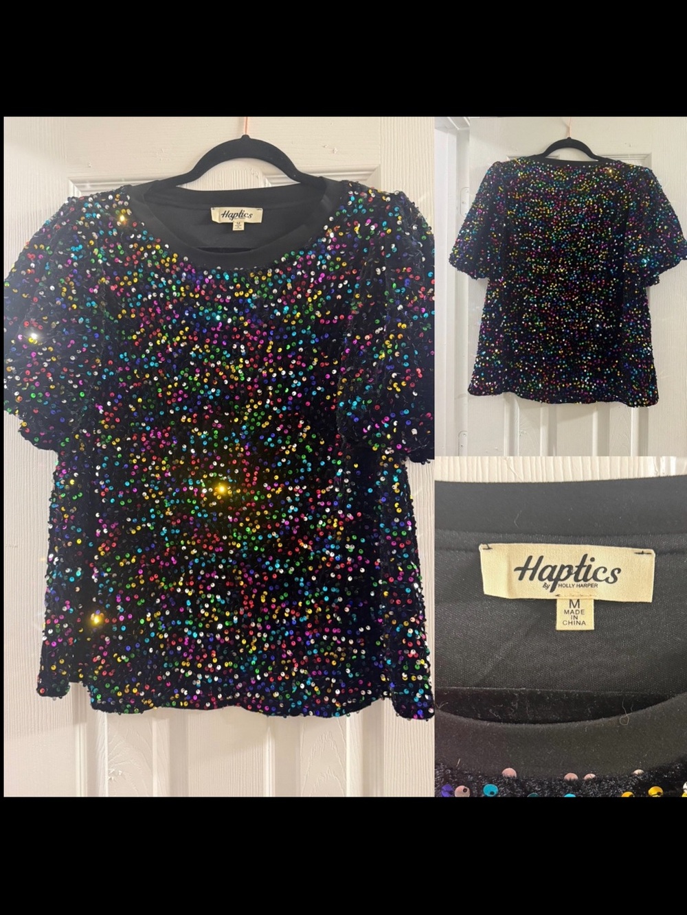 Haptics Black Sequin Short Sleeve Top - Multicolor Sparkle